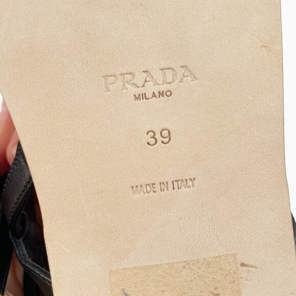 NWOB Prada Black Leather Triangle Logo Plaque Raffia Strappy Flat Sandal IT 39 - Picture 10 of 11